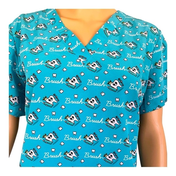 Prints by Maeven medical scrub top blue teeth print short sleeve front pockets L - Picture 4 of 11